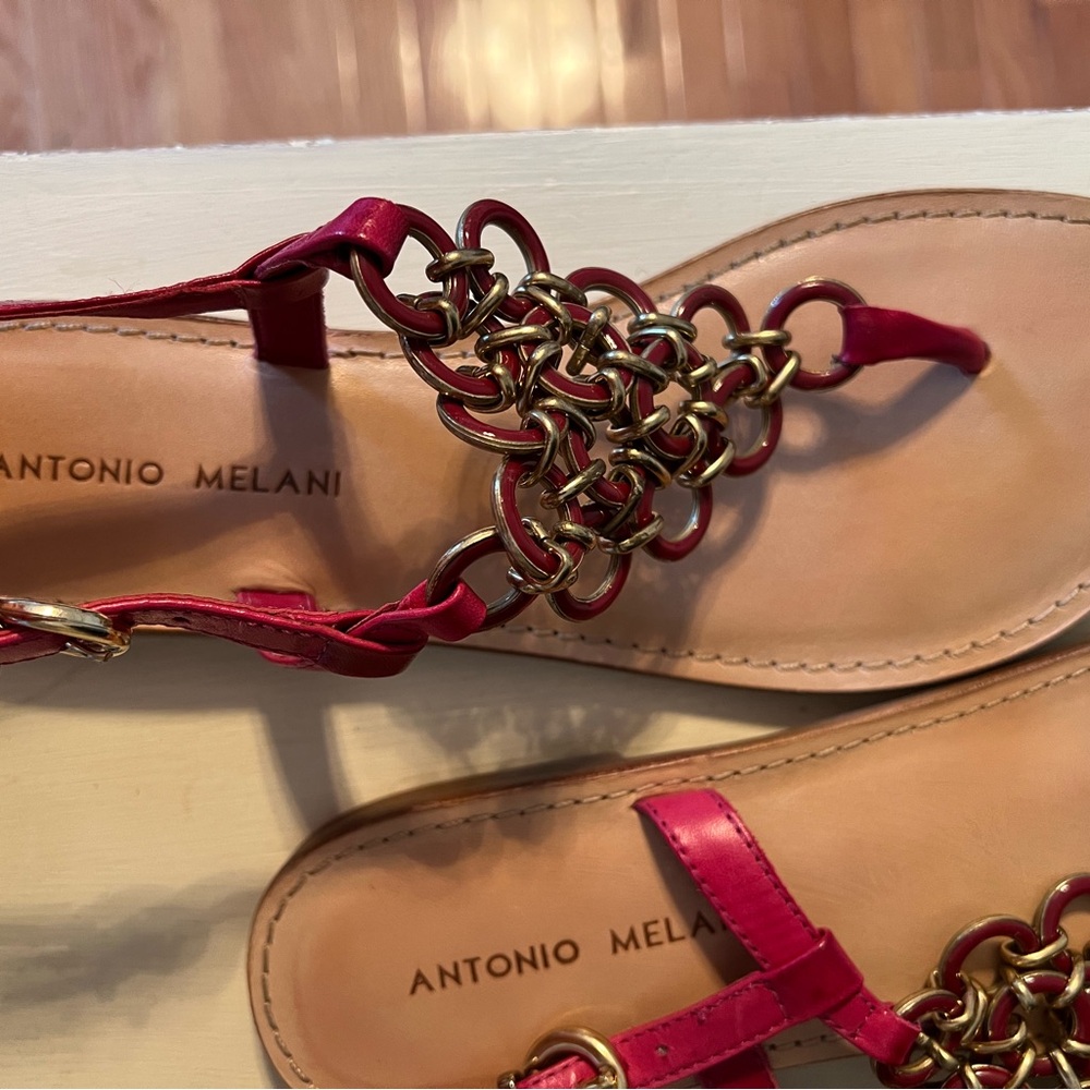 ANTONIO MELANI Red Sandals with Glossy Straps and Gold Embellishment